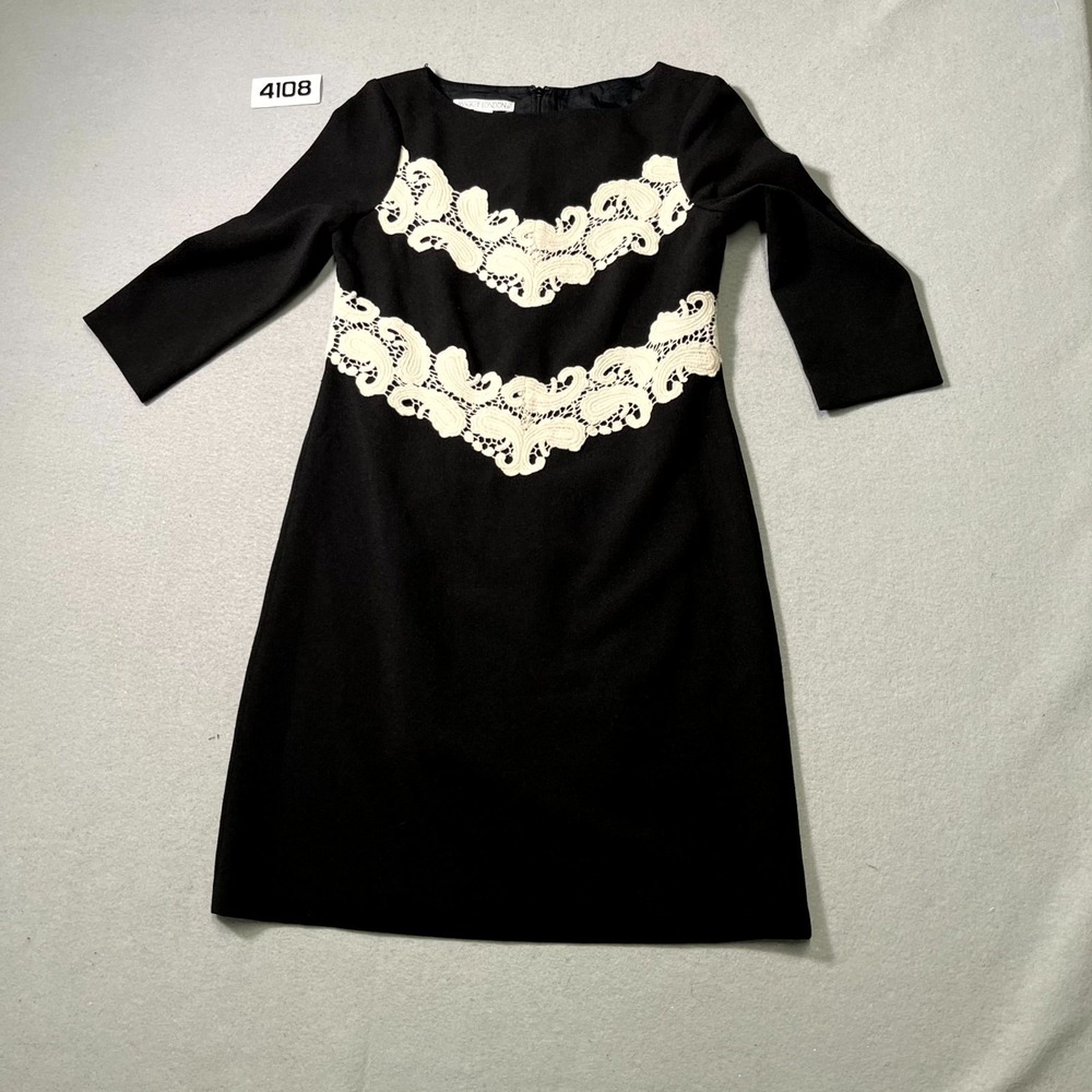 Maggy London Shift Dress Womens 2 Black Lined Lace Paisley Round Neck Back Zip